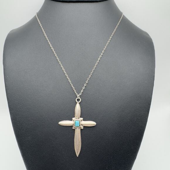 Vintage Sterling Silver Sandcast Cross Turquoise Pendant Necklace 16" Chain - Picture 1 of 8